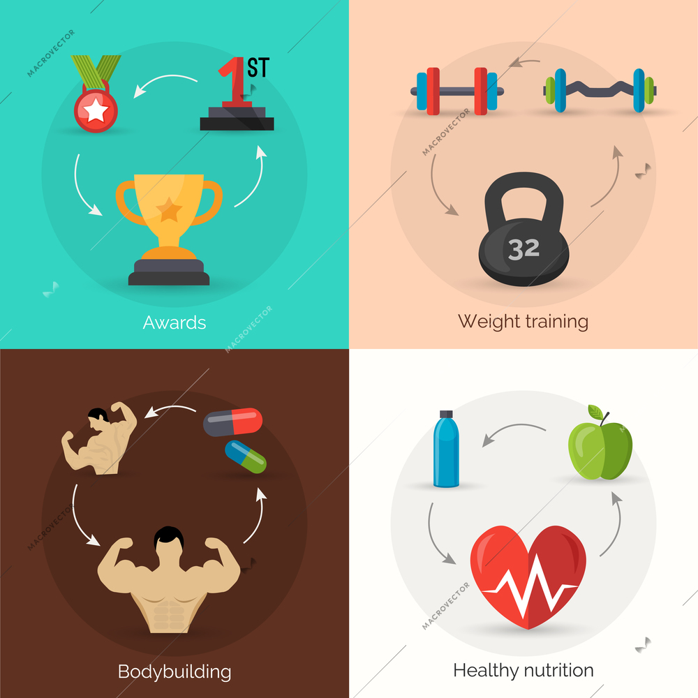 Bodybuilding design concept set with awards weight training healthy nutrition flat icons isolated vector illustration