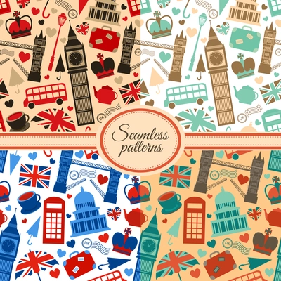 Collection of seamless patterns with London landmarks and Britain symbols vector illustration