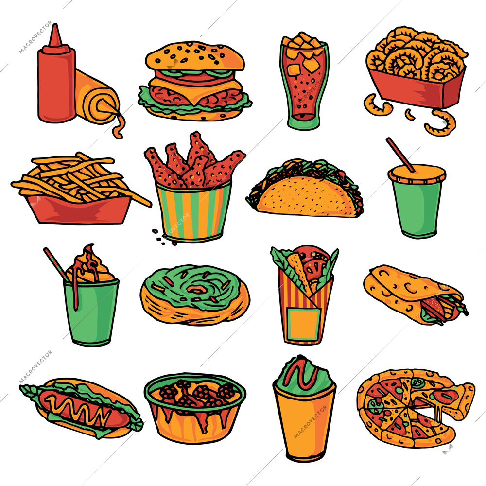 Fast food  restaurant menu icons collection with taco wrap and double cheeseburger abstract color isolated vector illustration