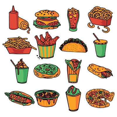 Fast food  restaurant menu icons collection with taco wrap and double cheeseburger abstract color isolated vector illustration