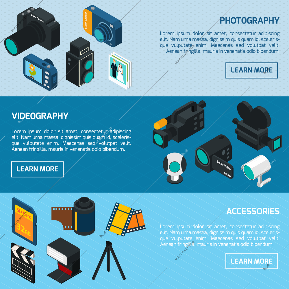 Photo and video horizontal banners set with photography videography and accessory isometric elements isolated vector illustration