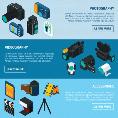 Photo and video horizontal banners set with photography videography and accessory isometric elements isolated vector illustration