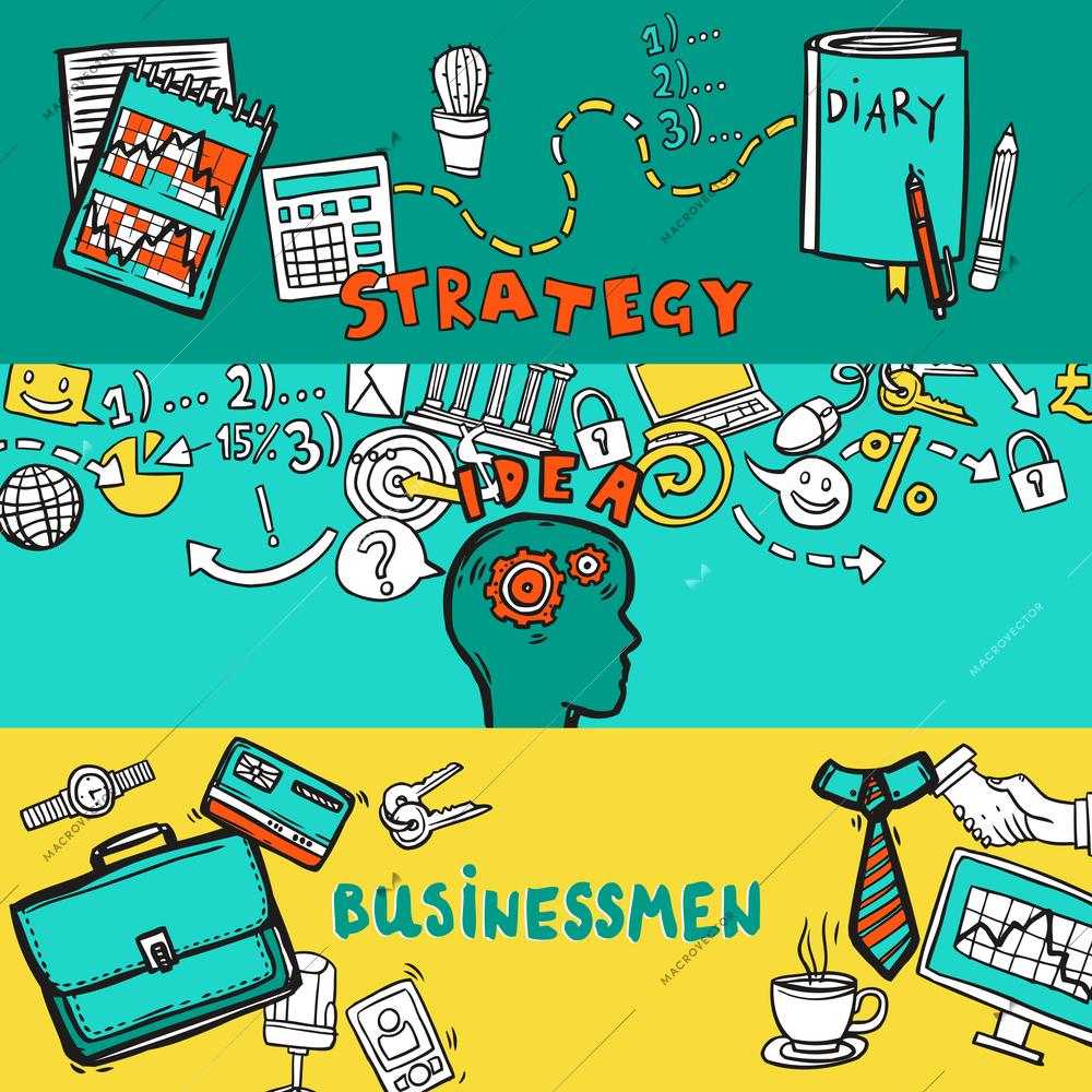 Business horizontal banner set with strategy idea businessman hand drawn elements isolated vector illustration