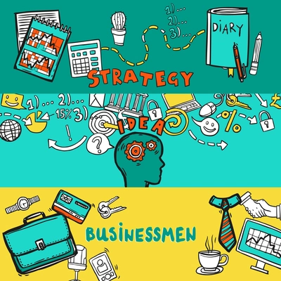 Business horizontal banner set with strategy idea businessman hand drawn elements isolated vector illustration