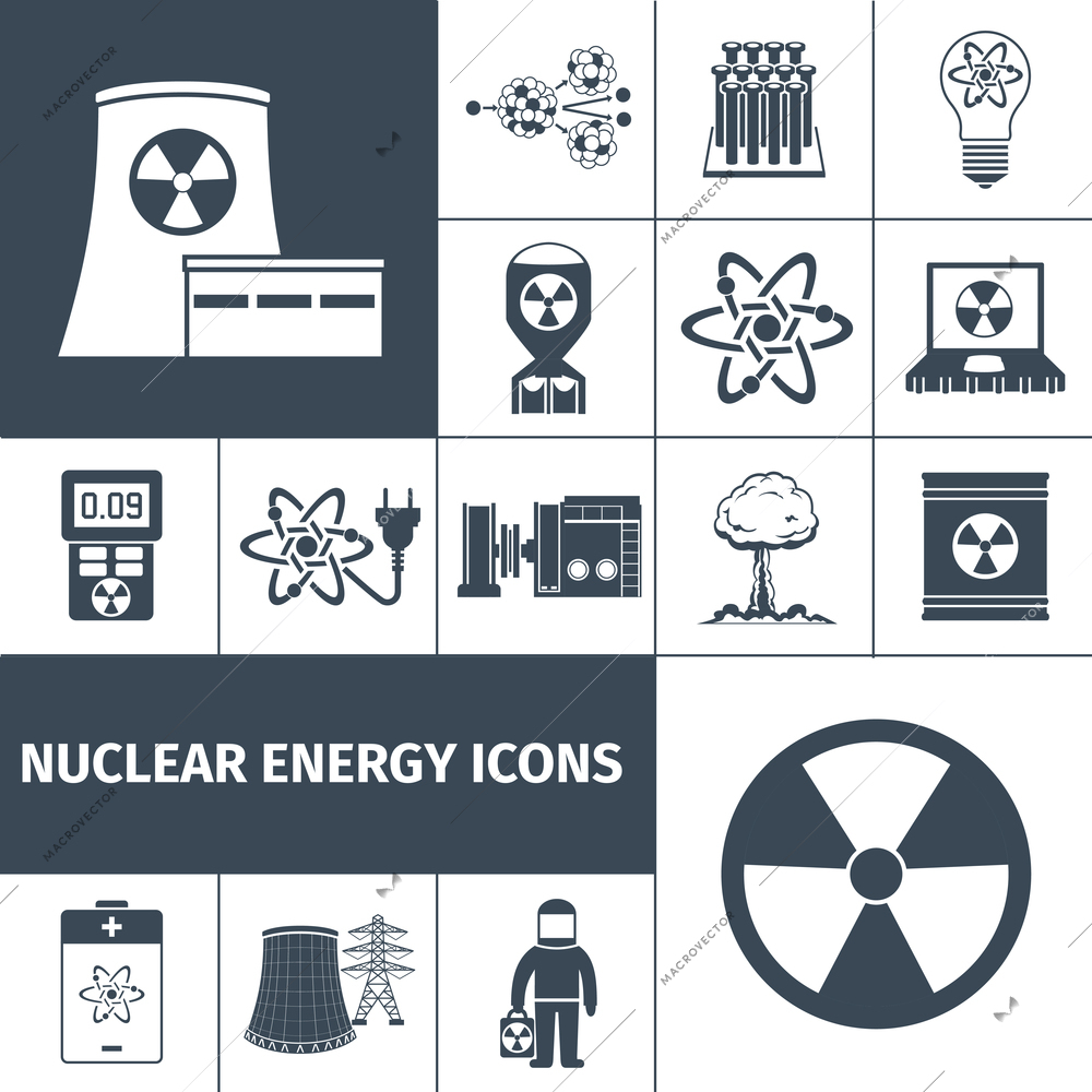 Nuclear energy plant products black icons set with mushroom cloud and radioactivity sign abstract isolated vector illustration