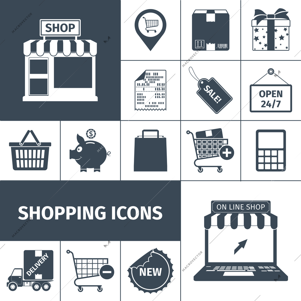 Shopping cash and online with sales and delivery black white square icons set flat isolated vector illustration