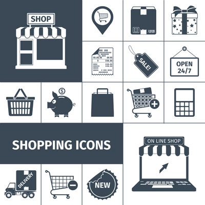 Shopping cash and online with sales and delivery black white square icons set flat isolated vector illustration