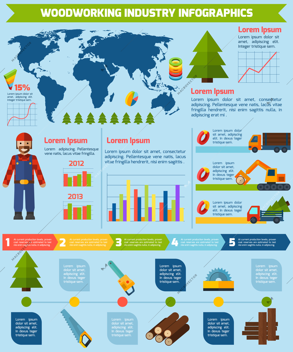 Woodworking industry infographics set with lumberjack trees timber and charts vector illustration