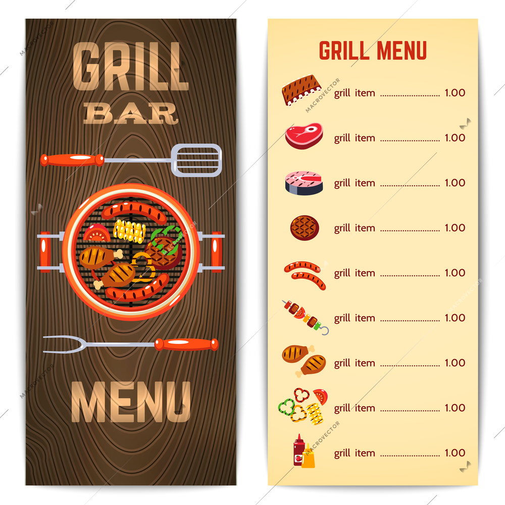 Grill restaurant menu with barbecue food meat dishes vector illustration