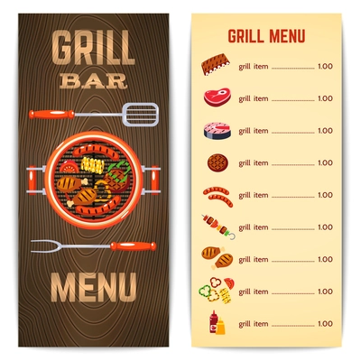 Grill restaurant menu with barbecue food meat dishes vector illustration