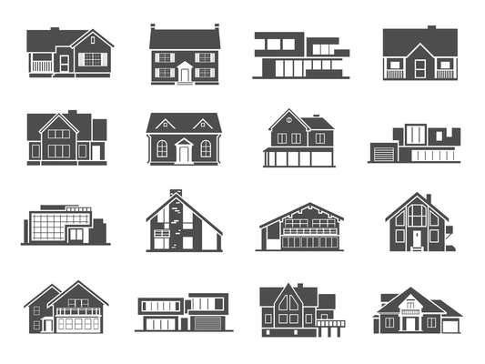 Modern houses and cottages diversity flat grey icons set isolated vector illustration
