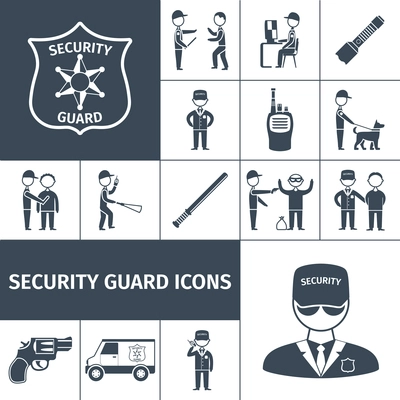 Security service guard officer uniform emblem baton and handgun black icons set abstract isolated vector illustration