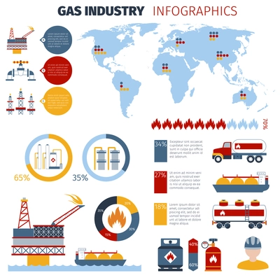 Gas infographics set with fuel industry charts and world map vector illustration