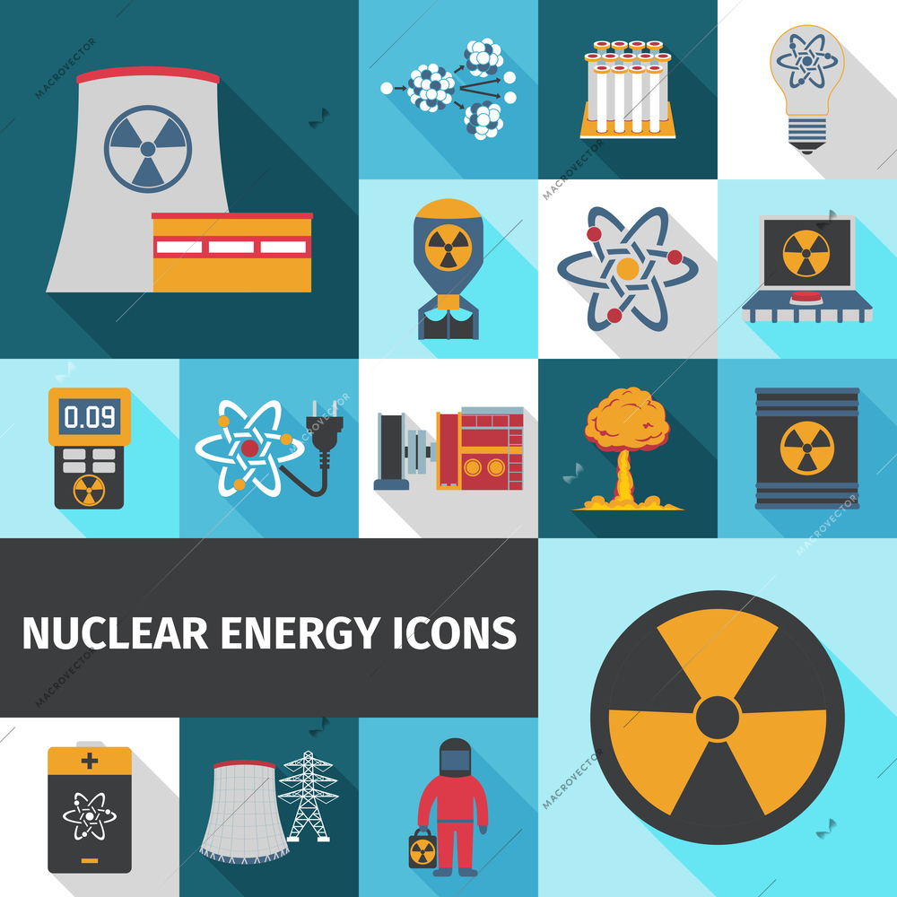 Nuclear energy contribution in global electricity supply flat icons set with radioactivity sign abstract isolated vector illustration