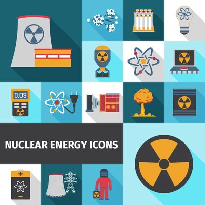 Nuclear energy contribution in global electricity supply flat icons set with radioactivity sign abstract isolated vector illustration