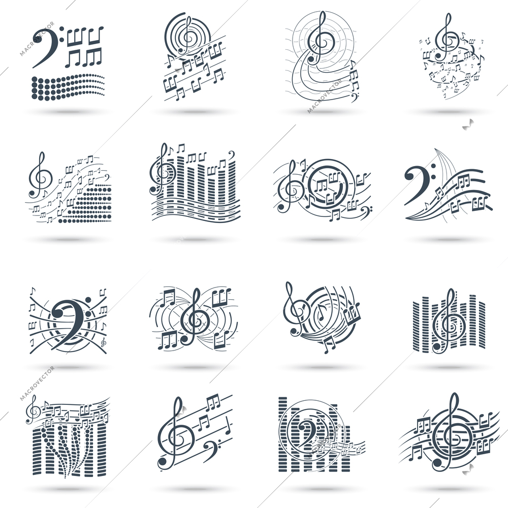 Abstract music notes black icons set with treble clefs audio waves symbols and swirls isolated vector illustration