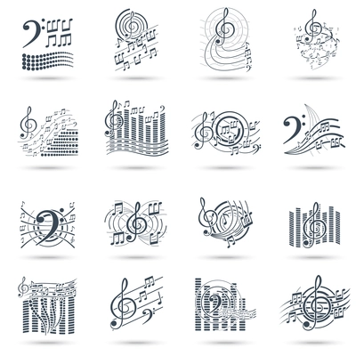 Abstract music notes black icons set with treble clefs audio waves symbols and swirls isolated vector illustration