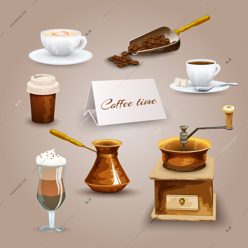 Coffee decorative icons set with retro grinder turk beans isolated vector illustration