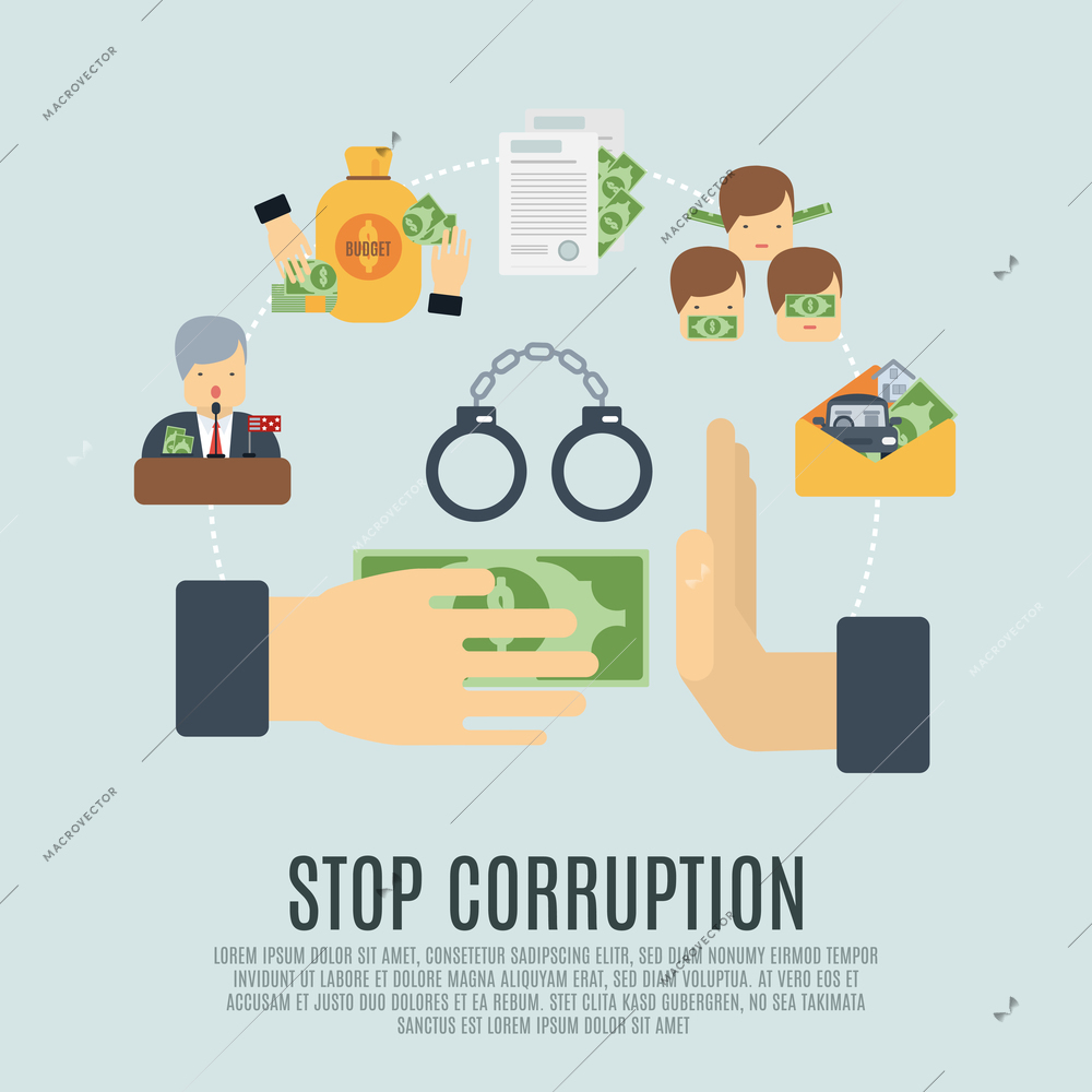 Stop corruption concept with bribe corrupt business flat icons set vector illustration