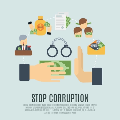 Stop corruption concept with bribe corrupt business flat icons set vector illustration