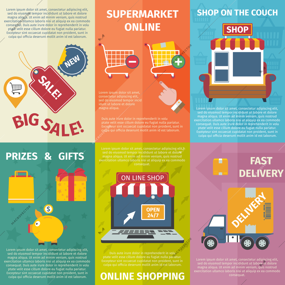 Shopping online with delivery and gifts mini posters set flat isolated vector illustration