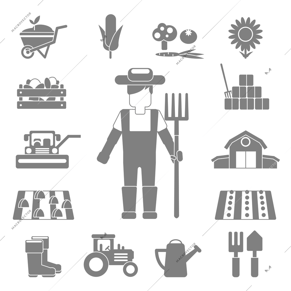 Farmer work black decorative icons set with vegetables harvest tractor fork isolated vector illustration