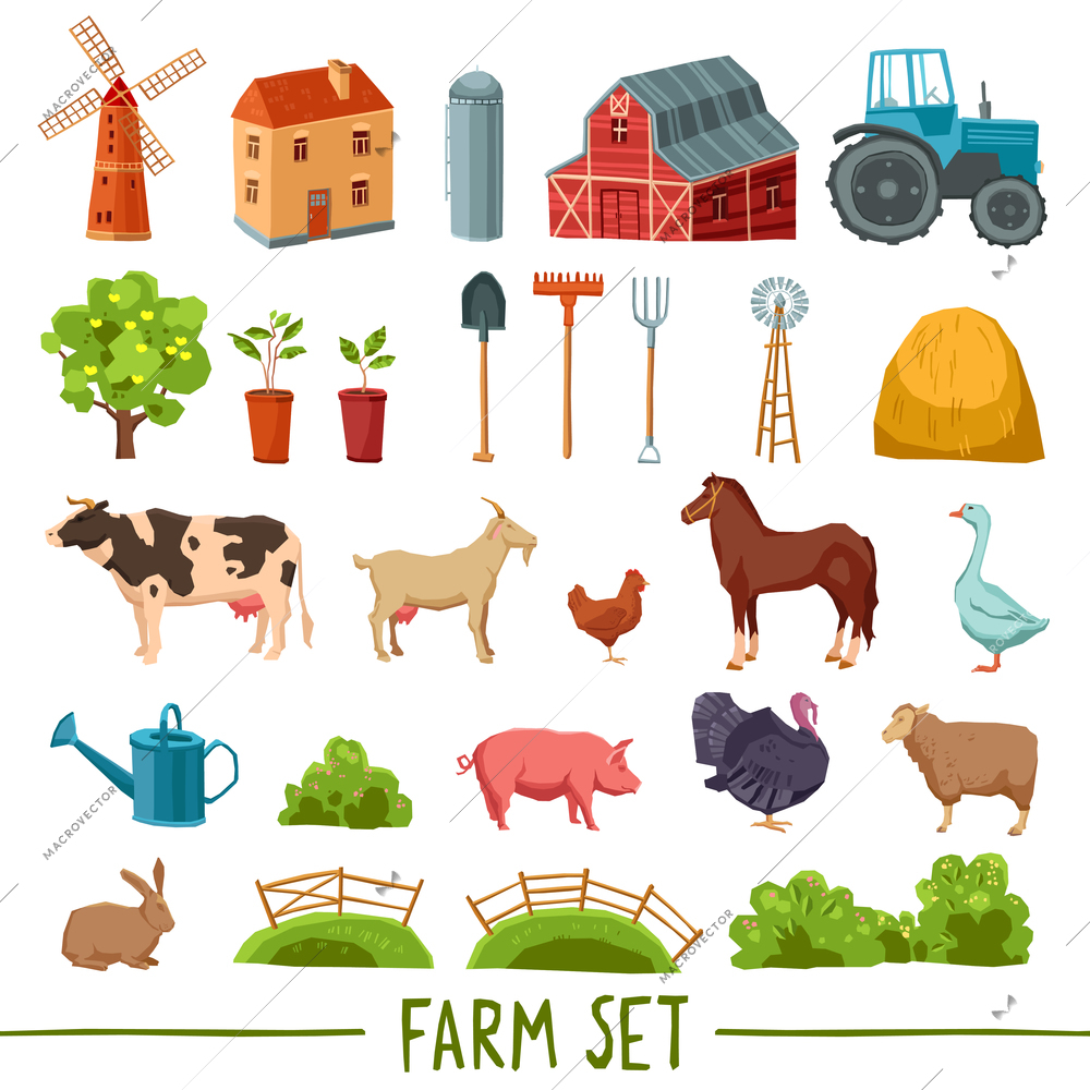 Farm multicolored icon set with house barn tractor tree haystack cattle poultry garden tools isolated vector illustration