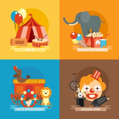 Circus design concept set with animal performance entertainment amazing show flat icons isolated vector illustration