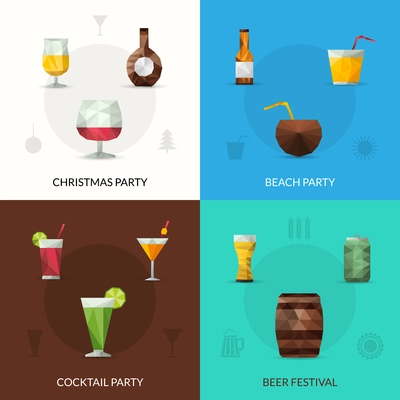 Drinks design concept set with christmas cocktail party beer festival polygonal icons isolated vector illustration