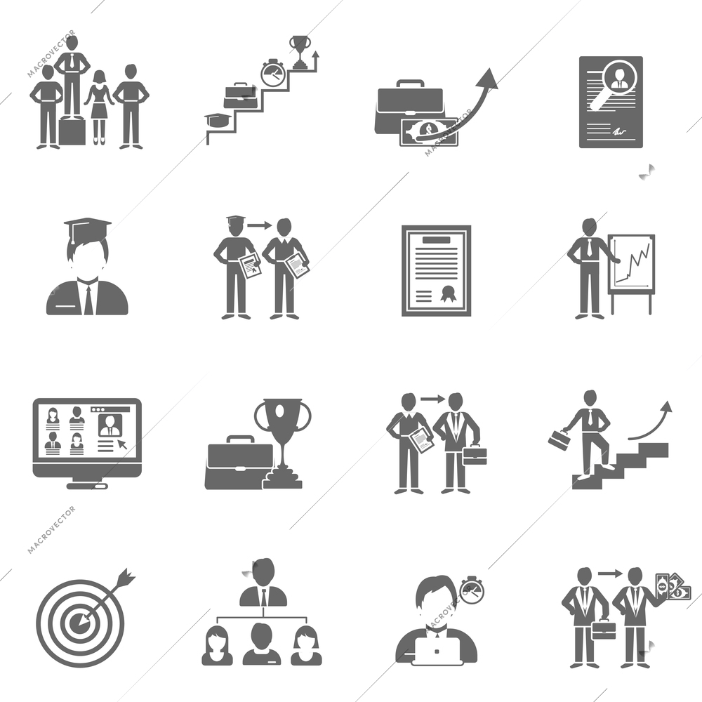 Career ladder success and leadership black icons set isolated vector illustration