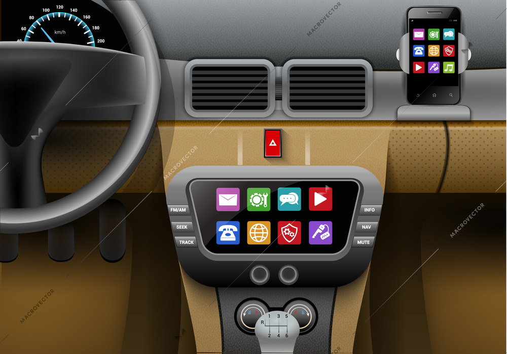 Realistic auto interior with car multimedia system and smartphone vector illustration