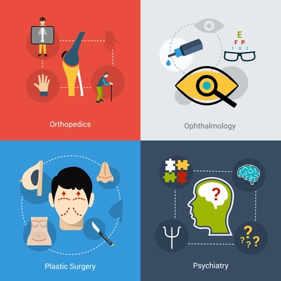 Medical design concept set with orthopedics ophthalmology plastic surgery psychiatry flat icons set isolated vector illustration