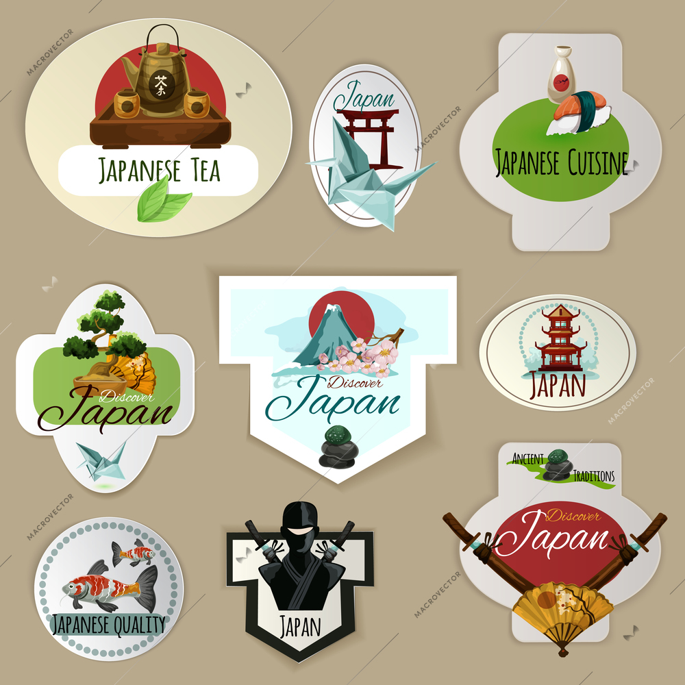 Japan culture nature and cuisine paper emblems set isolated vector illustration