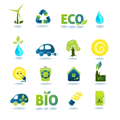 Ecology green energy and recycling icons with shadows set isolated vector illustration