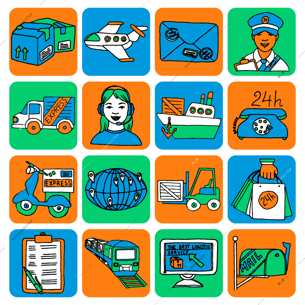 The best logistic service cartoon style icons set of express delivery sketch color abstract isolated vector illustration