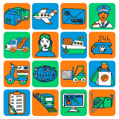 The best logistic service cartoon style icons set of express delivery sketch color abstract isolated vector illustration