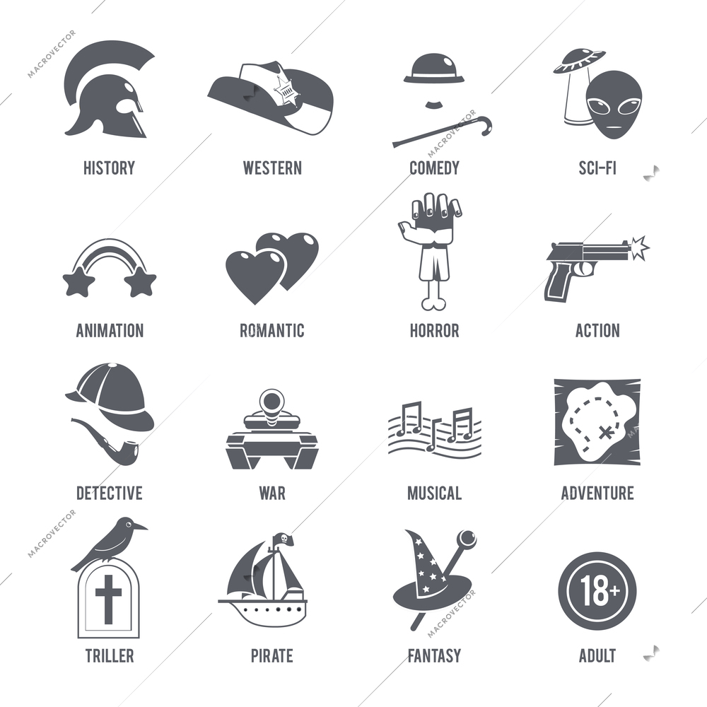 Film genres icons black set with history western comedy sci-fi symbols isolated vector illustration