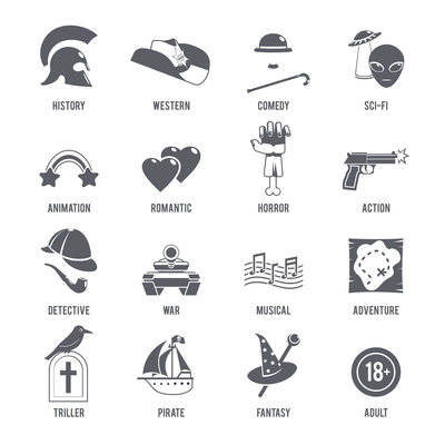 Film genres icons black set with history western comedy sci-fi symbols isolated vector illustration