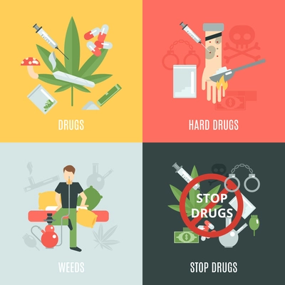 Drugs design concept set with weeds and addiction flat icons isolated vector illustration