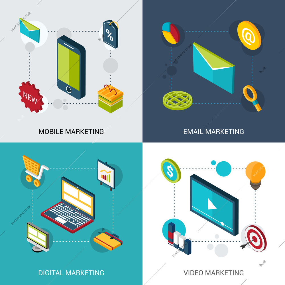 Mobile email digital and video marketing design concept set with isometric icons isolated vector illustration