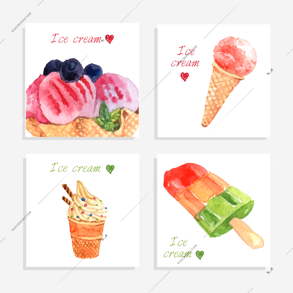 Multi flavored ice cream bar on stick and waffle cones icons collection banner watercolor abstract vector illustration