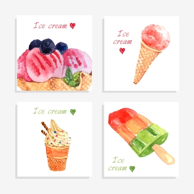 Multi flavored ice cream bar on stick and waffle cones icons collection banner watercolor abstract vector illustration