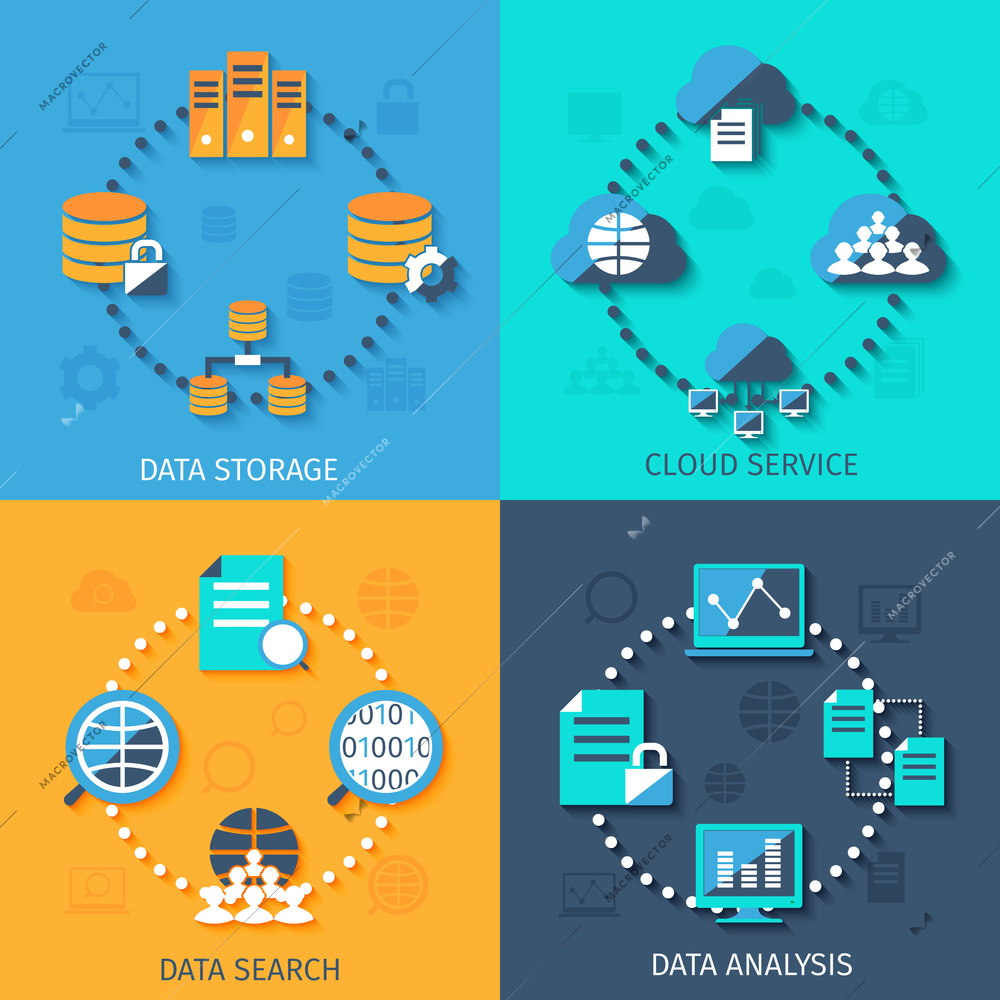 Big data secure storage and analysis cloud service system 4 flat icons composition abstract isolated vector illustration