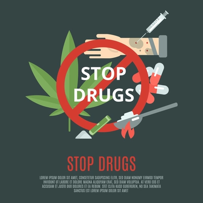 Stop drugs concept with marijuana leaf syringe and pills flat icons set vector illustration