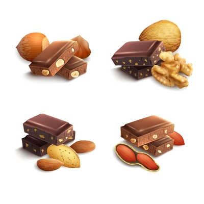 Dark and milk chocolate with nuts realistic set isolated vector illustration