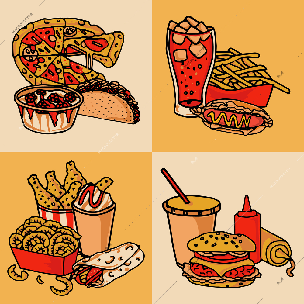 Fast food chain menu 4 flat icons composition of taco hotdog and hamburger abstract isolated vector illustration