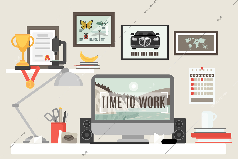Workspace in room with desk computer and work items flat vector illustration