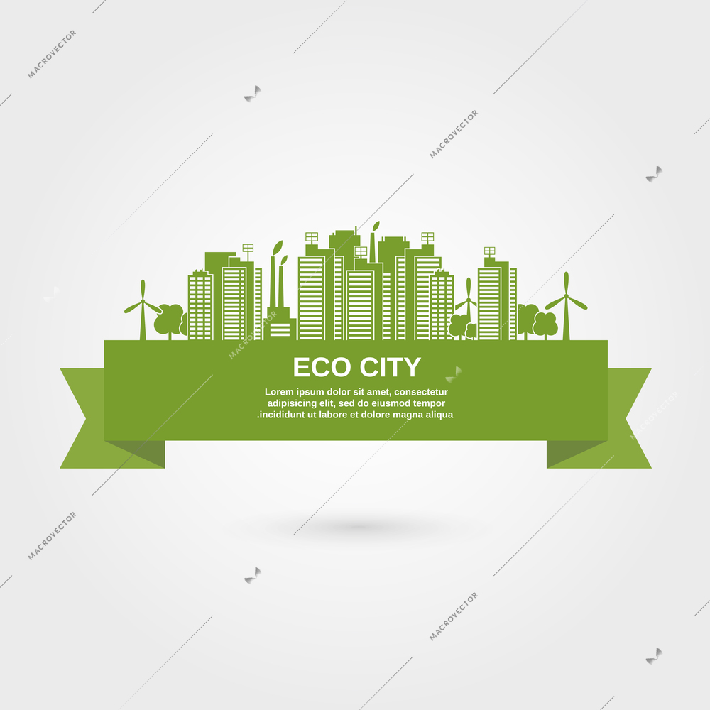 Eco town city concept with green ribbon and environment friendly buildings vector illustration