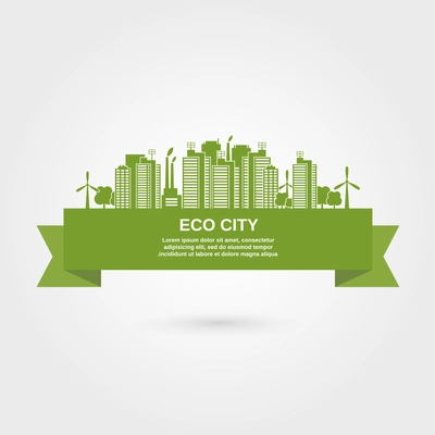 Eco town city concept with green ribbon and environment friendly buildings vector illustration