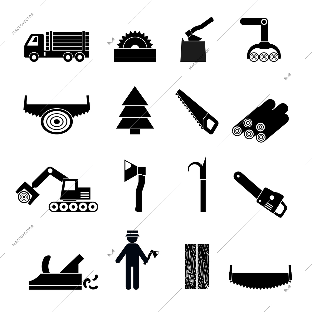 Woodworking industry icons black set with carpenter tree saw isolated vector illustration